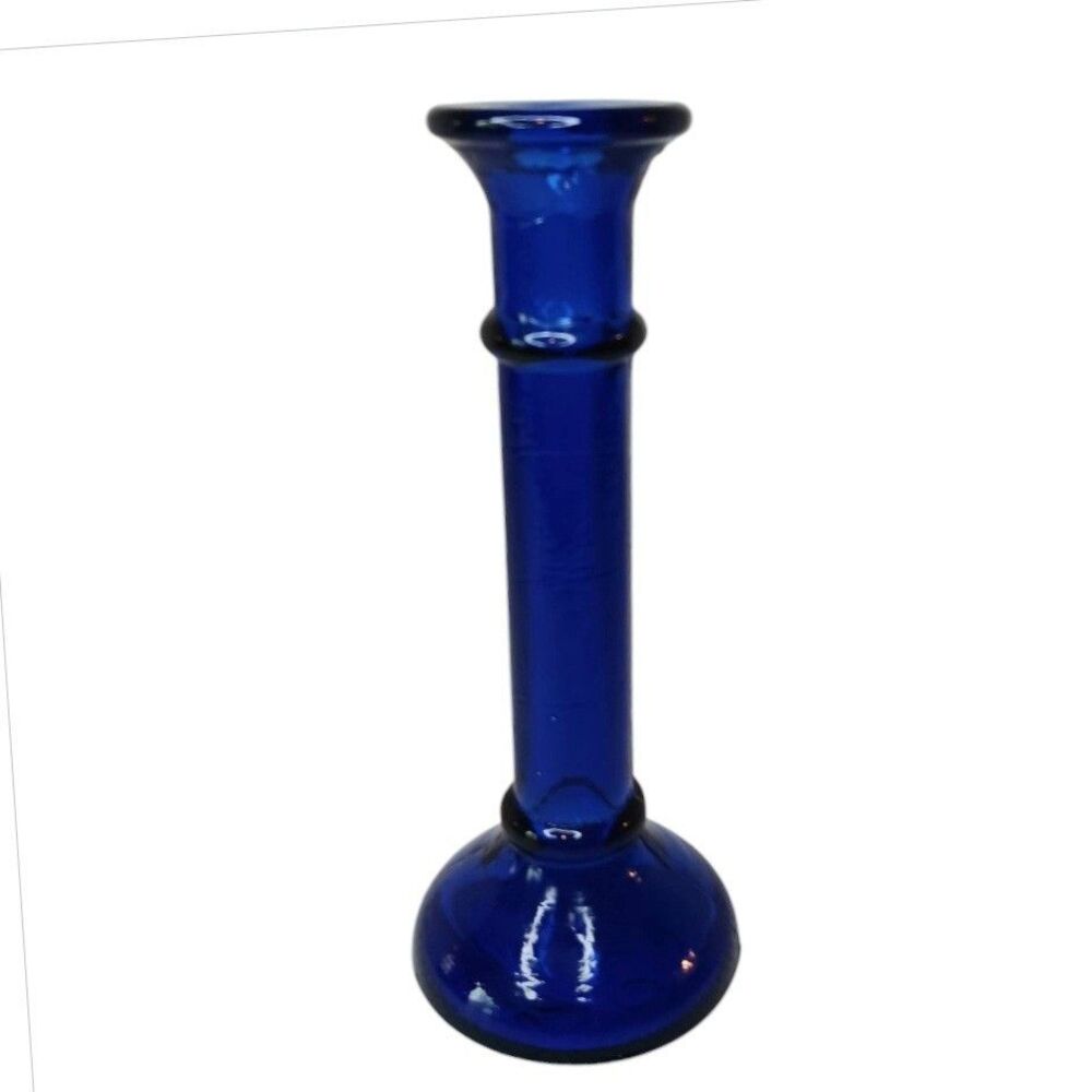 Cobalt Blue Glass Taper Candleholder Candlestick 8" x 3" Art Deco Contemporary
